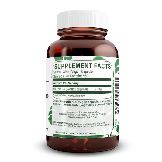 Natural Nutra Red Yeast Rice capsules inside a glass amber bottle