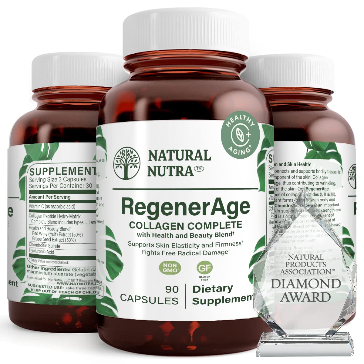 Natural Nutra RegenerAge bottle front highlighting skin health support.