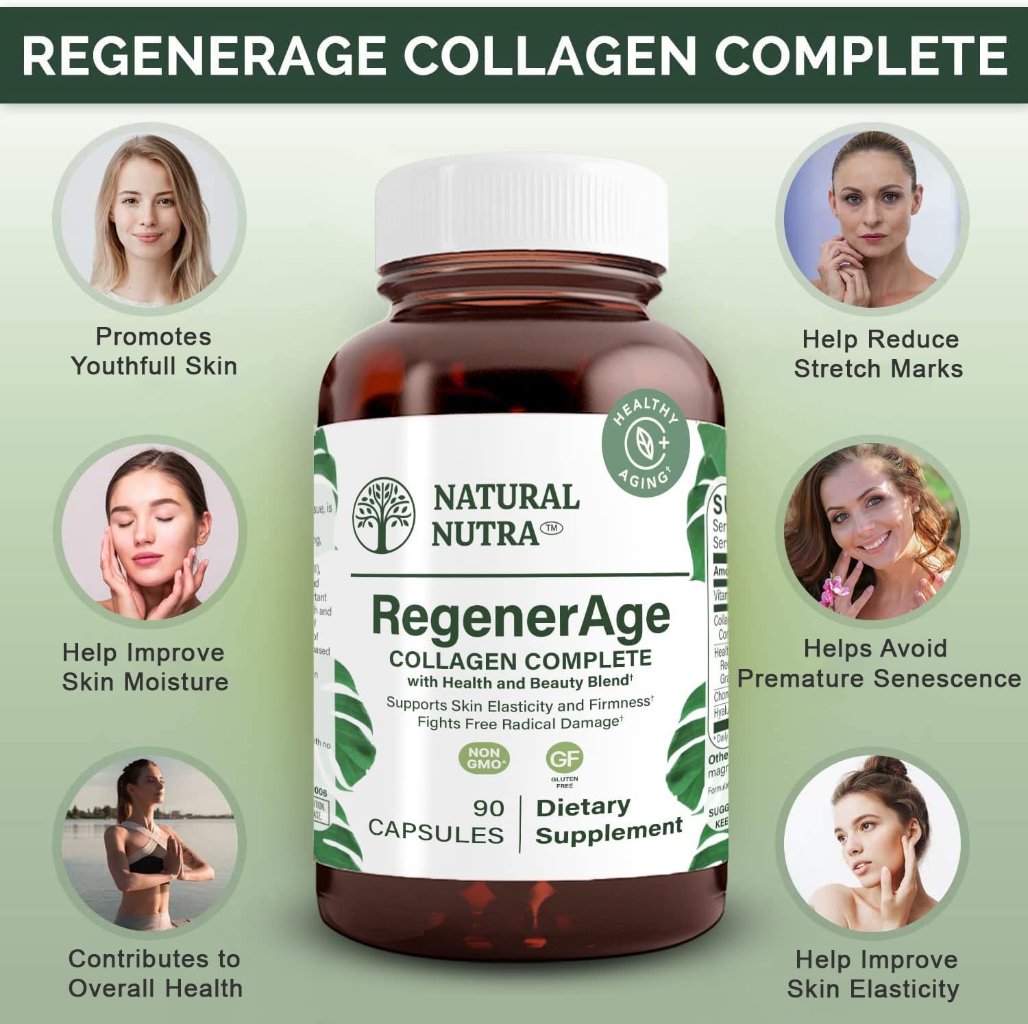 Natural Nutra RegenerAge capsules close-up, easy-to-swallow daily supplement.