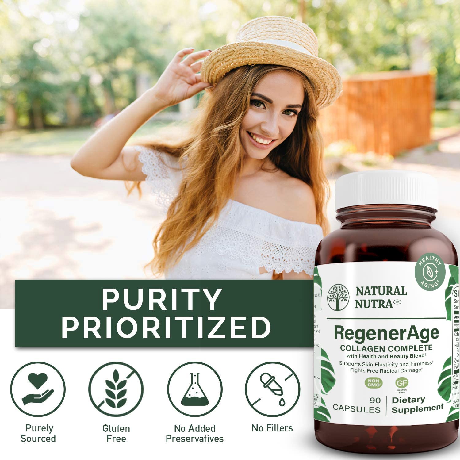 Natural Nutra RegenerAge ingredients panel shows peptides and hyaluronic acid.