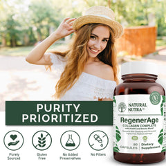 Natural Nutra RegenerAge ingredients panel shows peptides and hyaluronic acid.