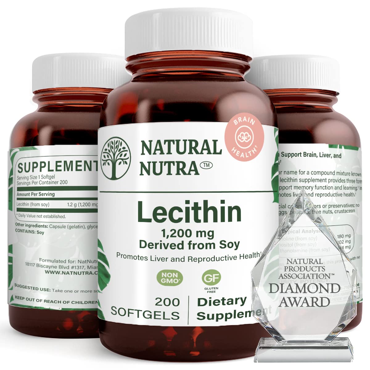 Natural Nutra Soy Lecithin bottle showing 200 softgels for brain and liver support