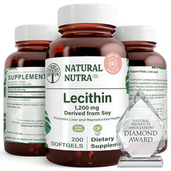 Natural Nutra Soy Lecithin bottle showing 200 softgels for brain and liver support
