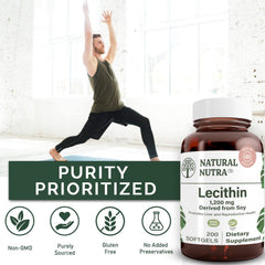 Recyclable glass bottle packaging of Natural Nutra Soy Lecithin on display