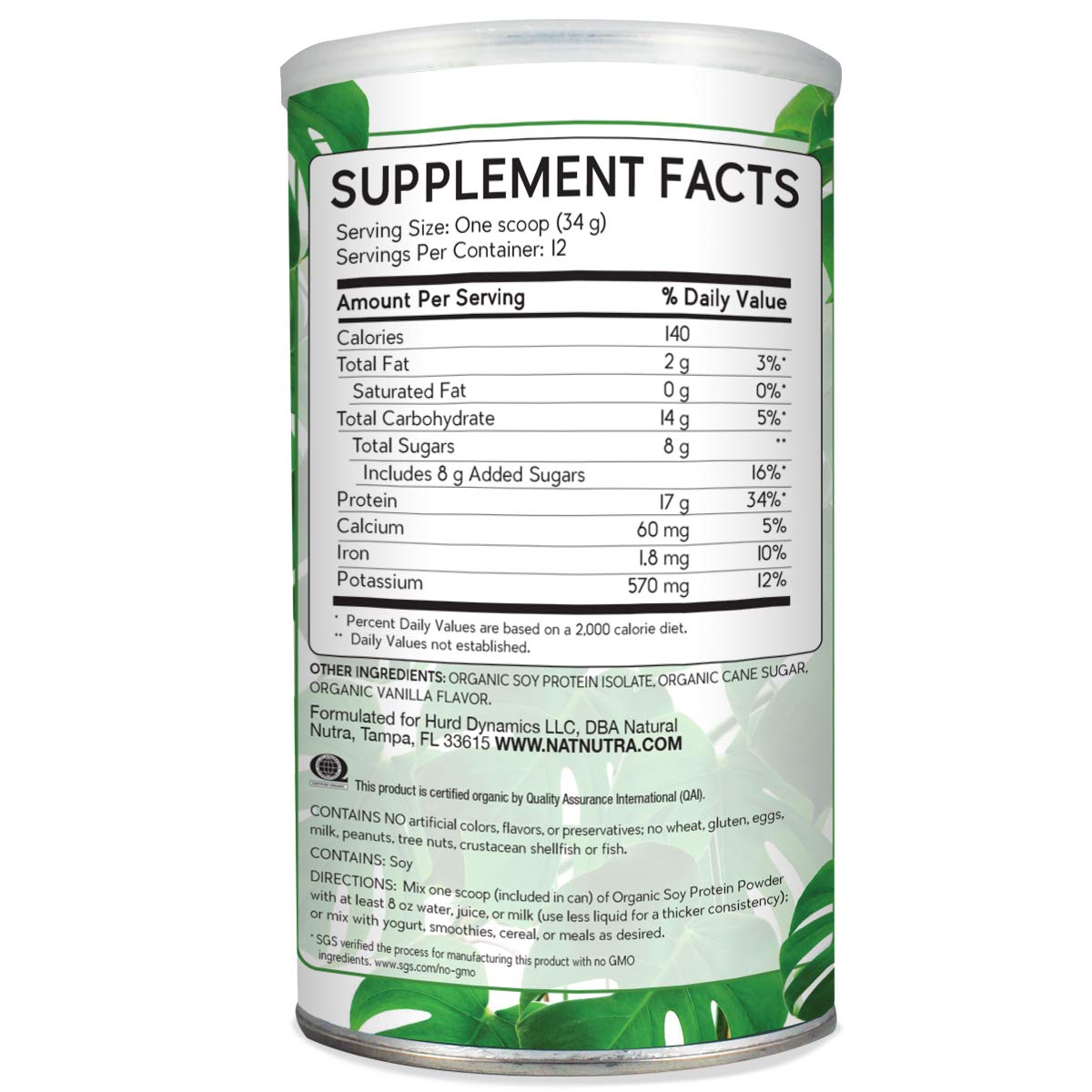 Natural Nutra soy protein powder gluten-free and non-GMO label close-up.