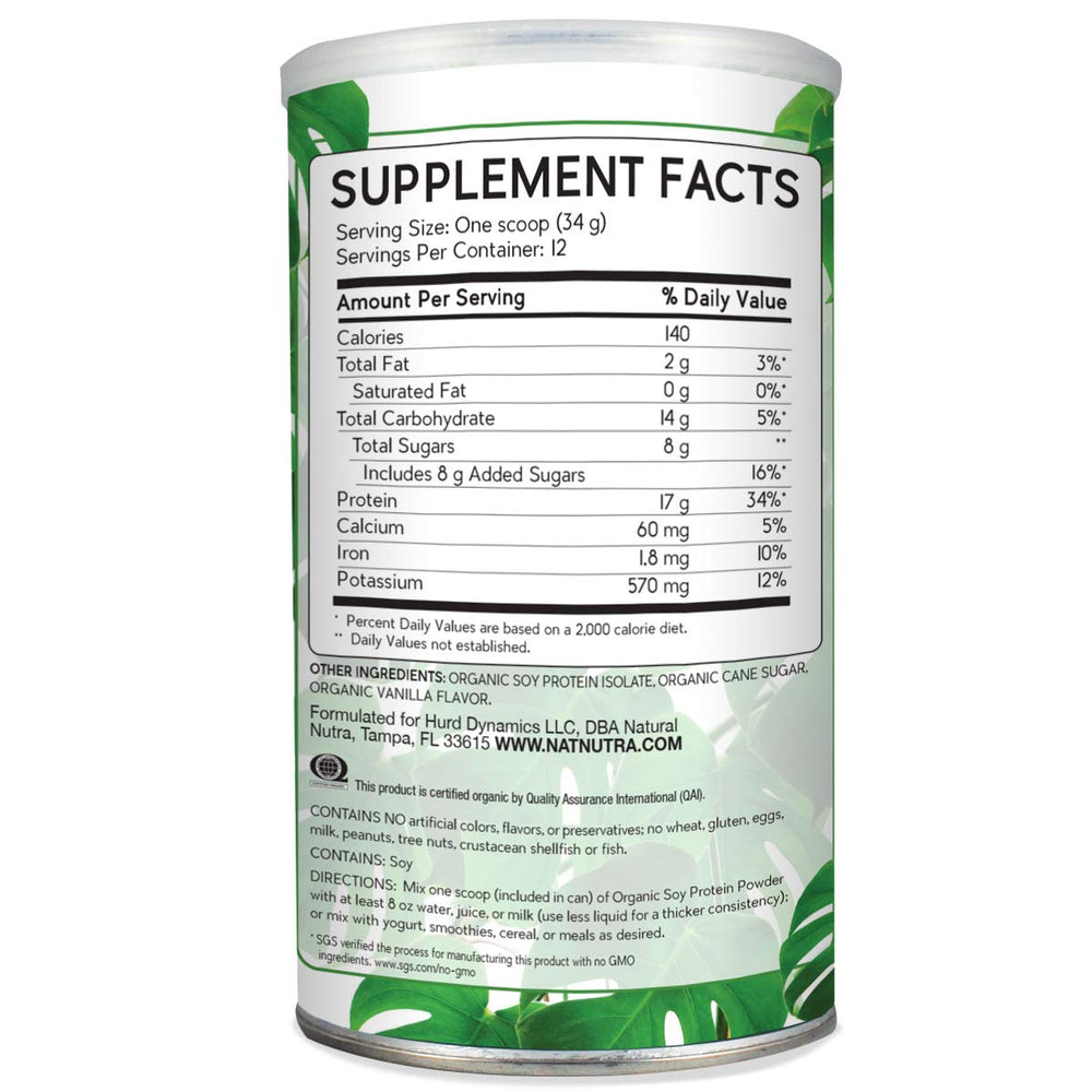 Natural Nutra soy protein powder gluten-free and non-GMO label close-up.