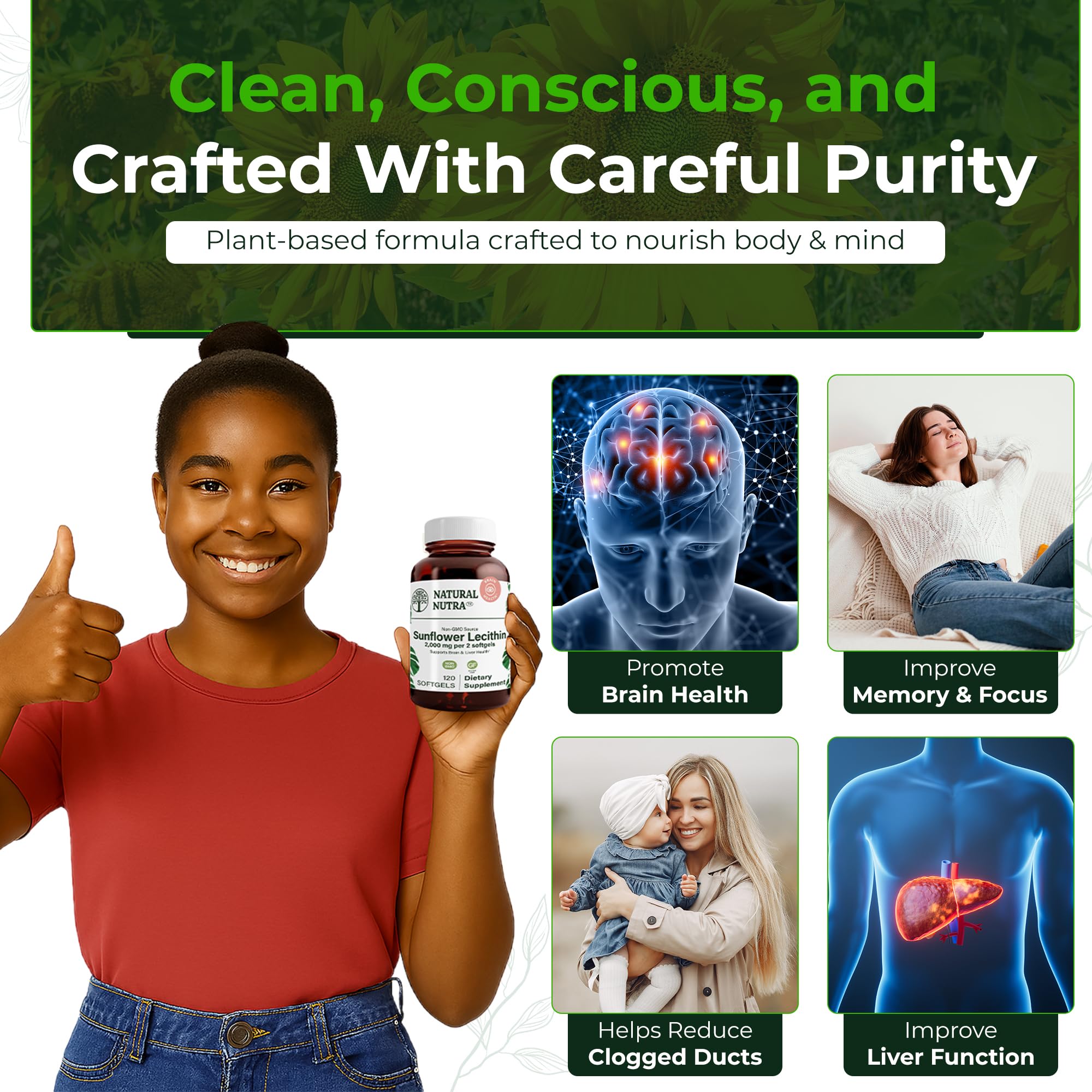 Natural Nutra Sunflower Lecithin bottle label highlights gluten-free and non-GMO claims
