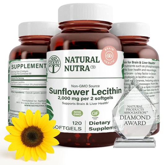 Natural Nutra Sunflower Lecithin softgel bottle supports brain and liver health.