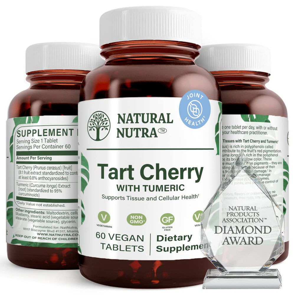 Natural Nutra Tart Cherry Extract bottle with turmeric curcumin highlight for joint and sleep support
