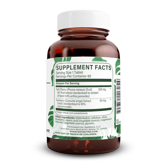Pouring Natural Nutra Tart Cherry Extract tablets with turmeric curcumin