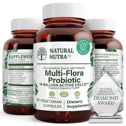 Natural Nutra Ultimate Flora bottle with easy-to-swallow capsules for daily digestion support