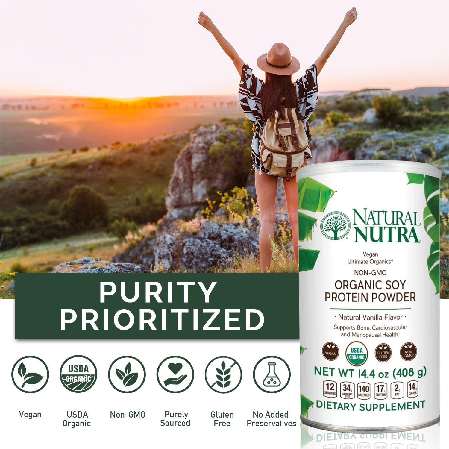 Natural Nutra vanilla flavor soy protein powder ready for shakes and recipes.