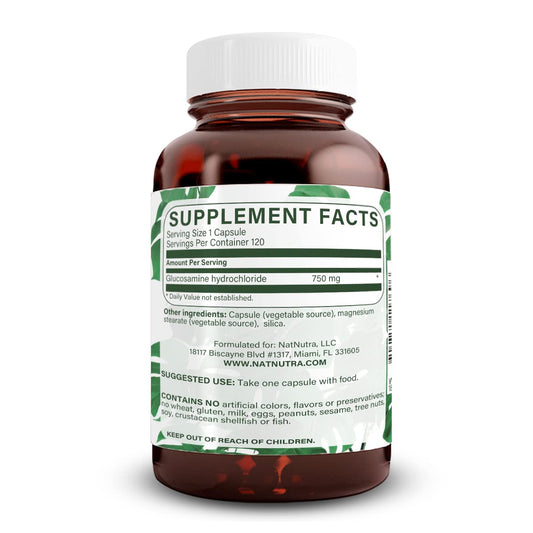 Natural Nutra vegan glucosamine capsules poured for convenient daily dosing.