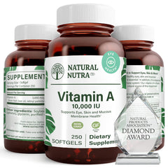 Natural Nutra Vitamin A 10,000 IU softgels bottle supports eye health and skin vitality.