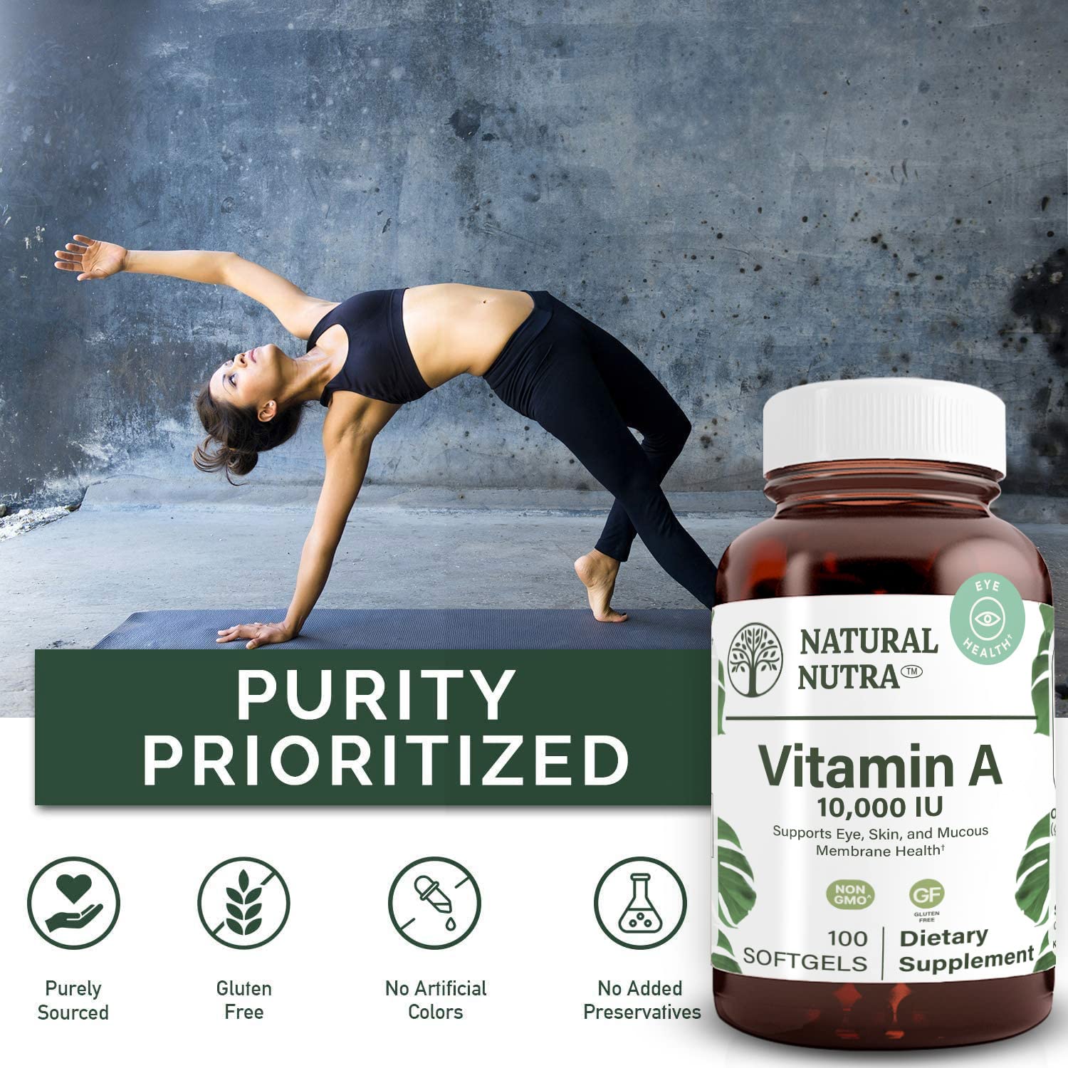 Natural Nutra Vitamin A softgels on shelf support daily skin care.