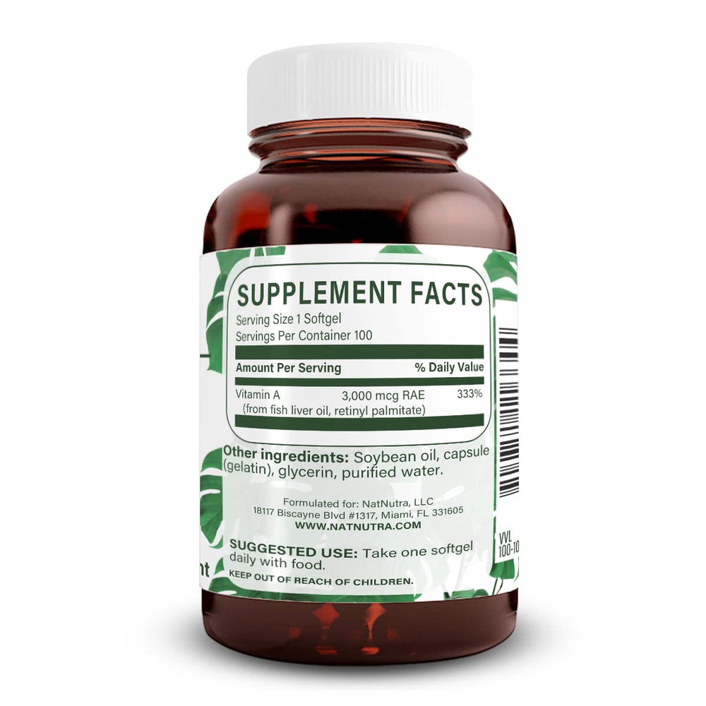 Natural Nutra Vitamin A softgels inside container emphasize easy daily intake.