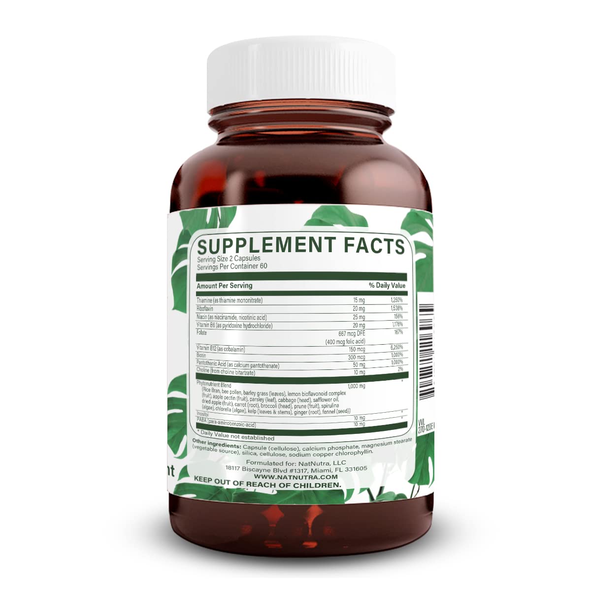 Natural Nutra Vitamin B Complex capsules closeup showing easy to swallow vegan formula.