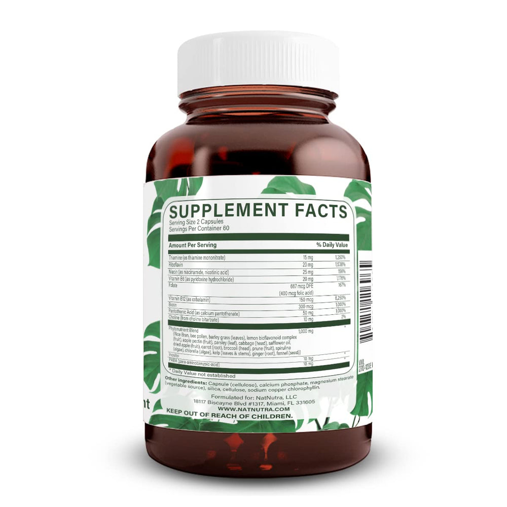 Natural Nutra Vitamin B Complex capsules closeup showing easy to swallow vegan formula.