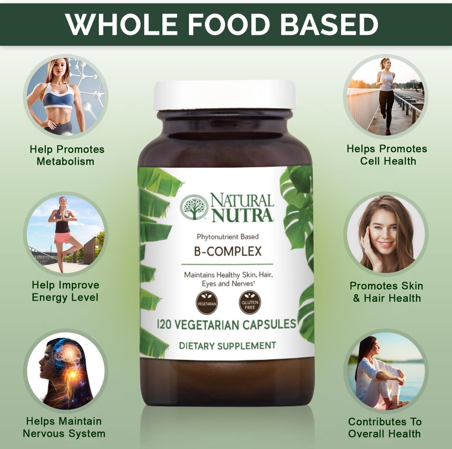 Natural Nutra Vitamin B Complex ingredient blend featuring rice bran and greens.