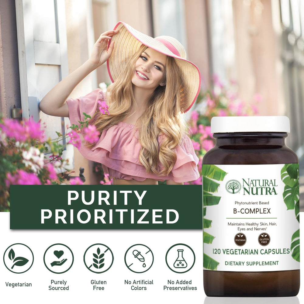Natural Nutra Vitamin B Complex label on bottle notes gluten and dairy free.