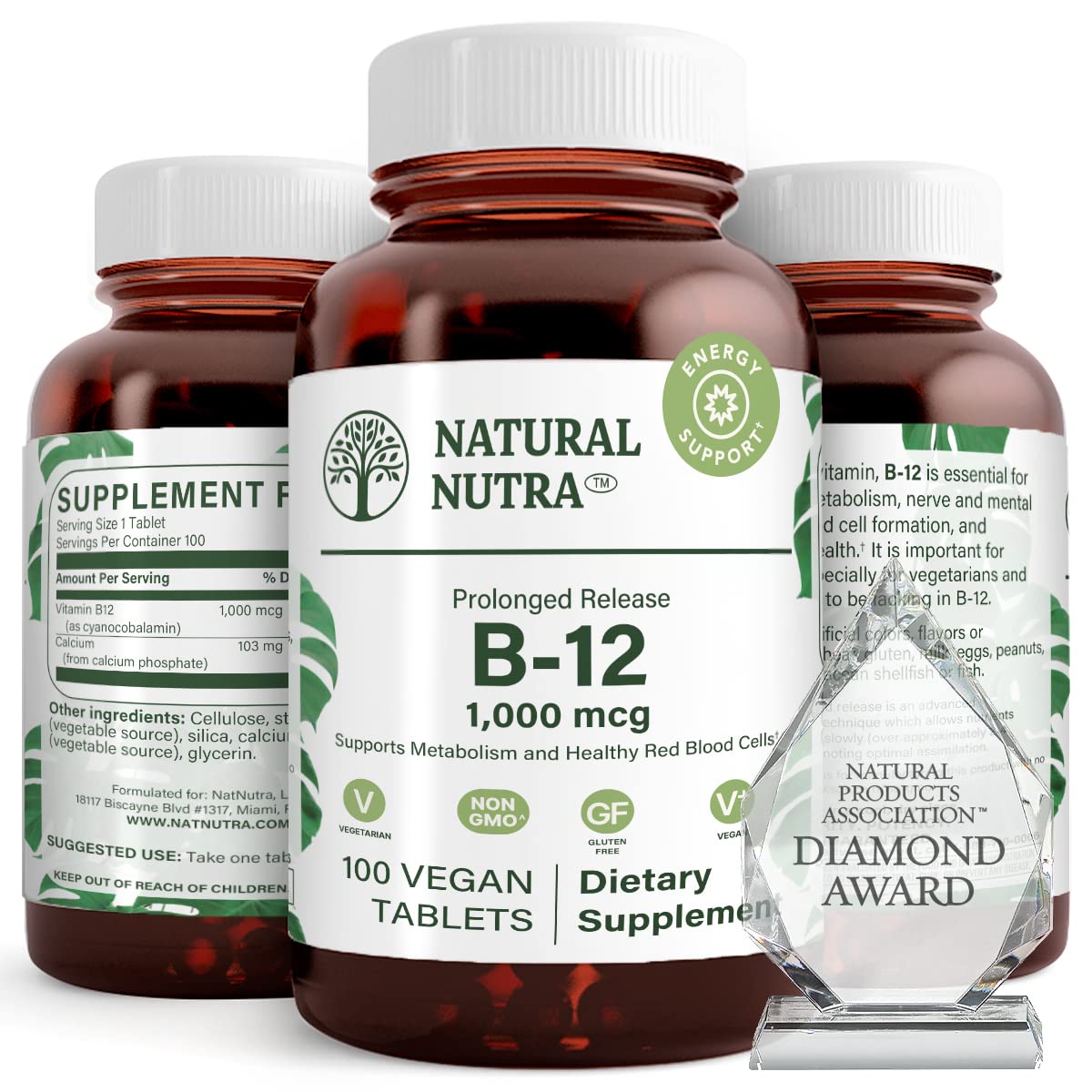 Natural Nutra Vitamin B12 1000 mcg bottle with slow-release formula for steady energy