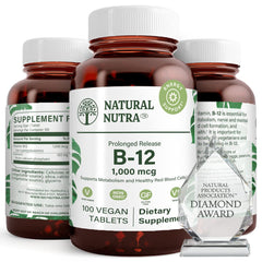 Natural Nutra Vitamin B12 1000 mcg bottle with slow-release formula for steady energy