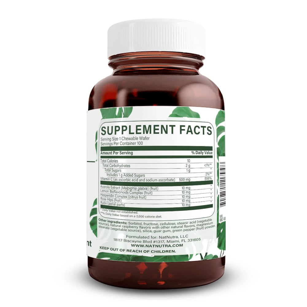 Natural Nutra Vitamin C label front highlights 500 mg and vegan wafers.