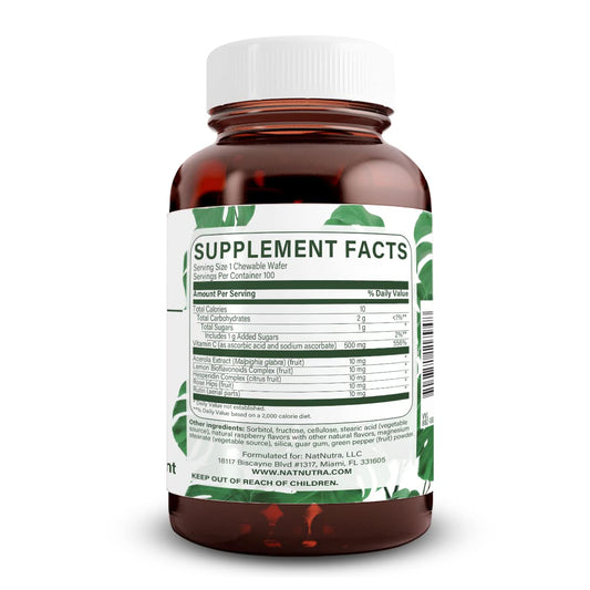 Natural Nutra Vitamin C label front highlights 500 mg and vegan wafers.