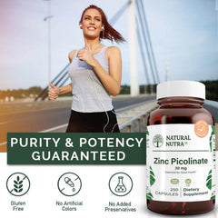 Natural Nutra Zinc Picolate 30mg amber glass bottle signaling BPA-free packaging