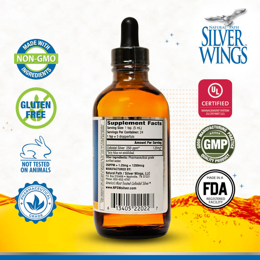 Natural Path Silver Wings 250ppm label close-up highlights high-strength formula.