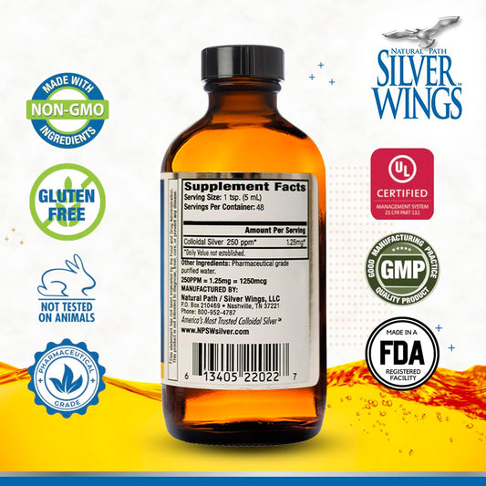 Natural Path Silver Wings amber glass bottle closeup highlighting premium packaging