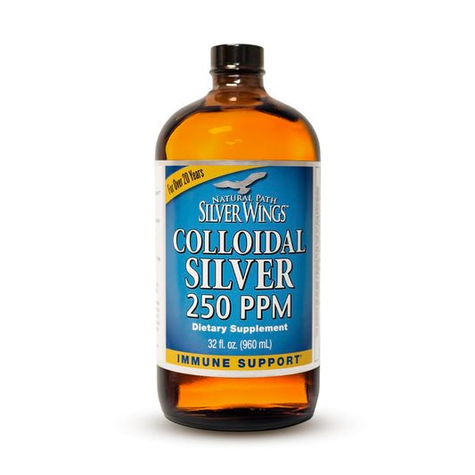 Natural Path Silver Wings colloidal silver in amber glass bottle preserves potency.