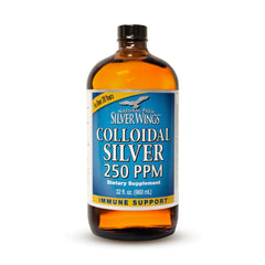 Natural Path Silver Wings colloidal silver in amber glass bottle preserves potency.