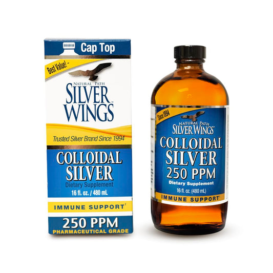 Natural Path Silver Wings colloidal silver bottle in amber glass for premium quality