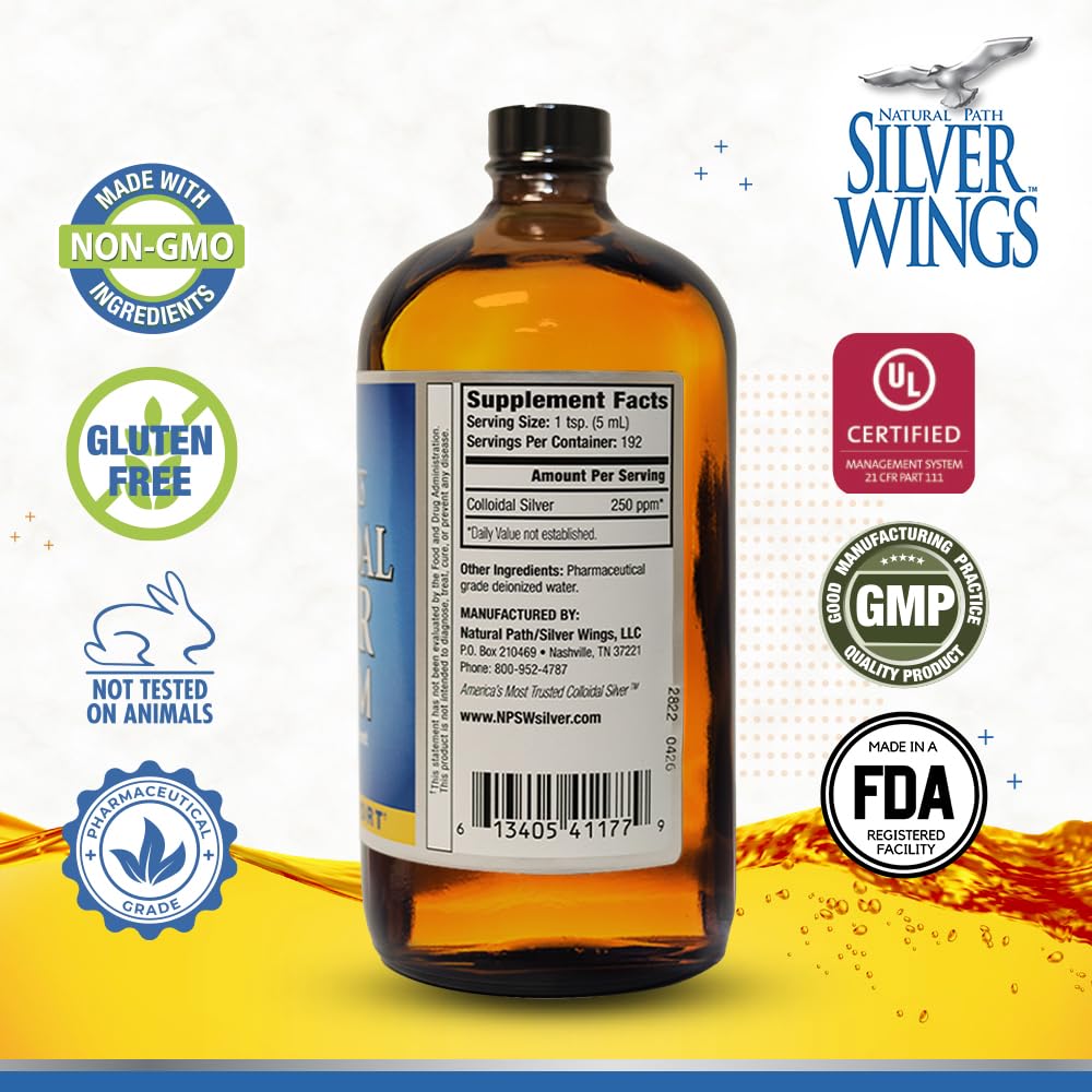 Natural Path Silver Wings bottle close-up showing amber tint and fine particles