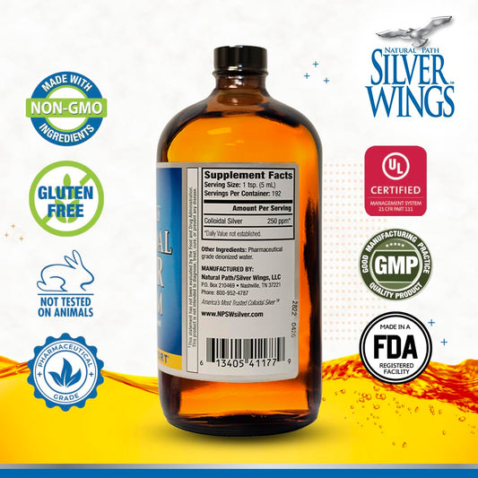 Natural Path Silver Wings bottle close-up showing amber tint and fine particles