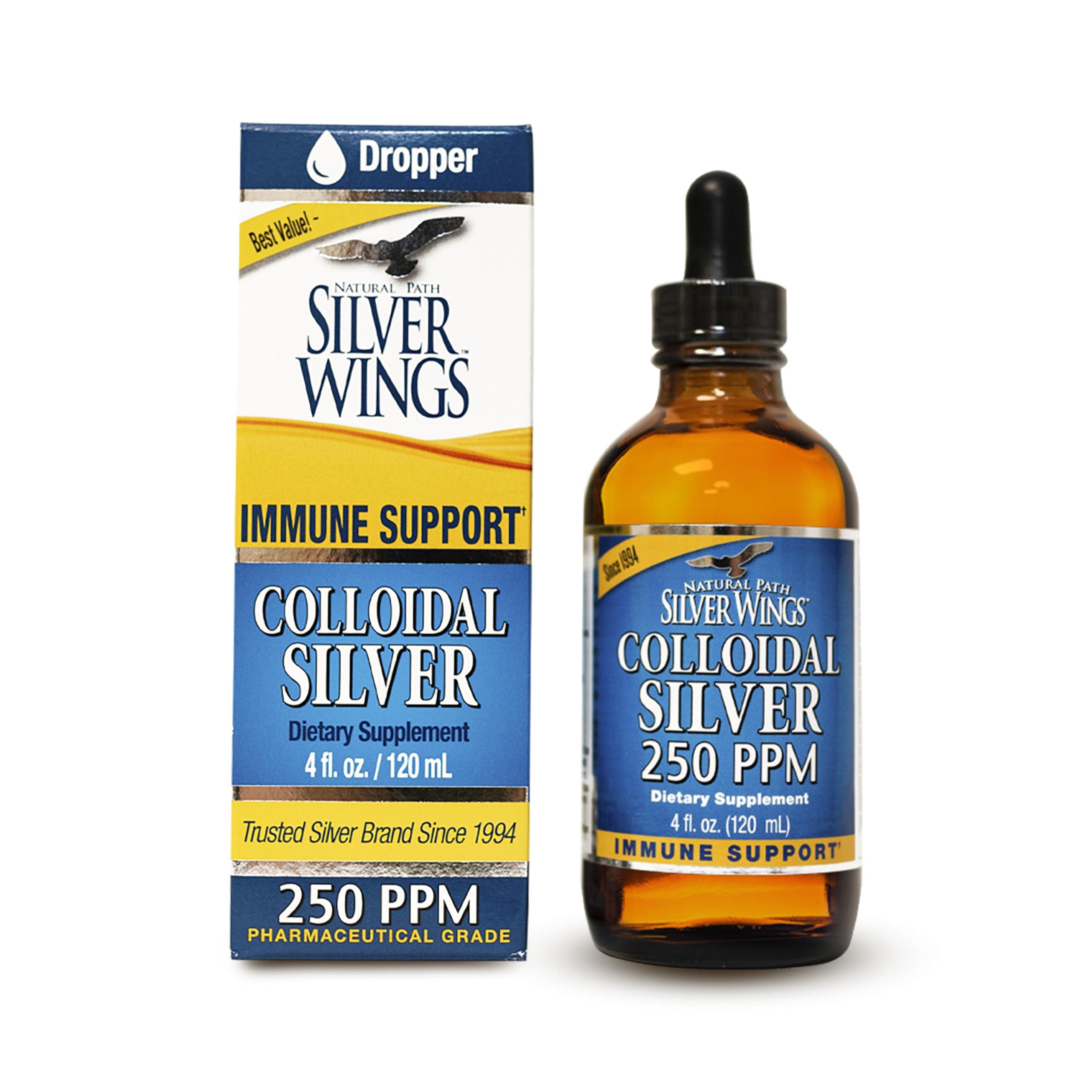 Natural Path Silver Wings colloidal silver liquid in amber bottle preserves freshness and potency.