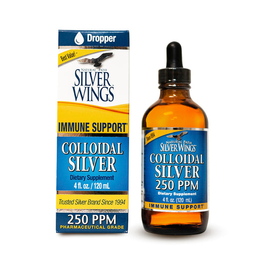 Natural Path Silver Wings colloidal silver liquid in amber bottle preserves freshness and potency.