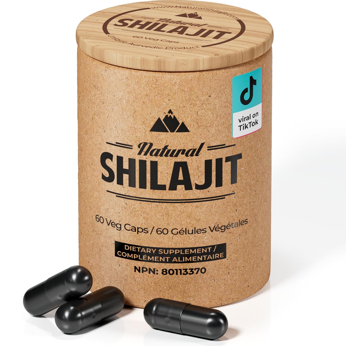 Natural Shilajit capsules bottle closeup for energy and vitality
