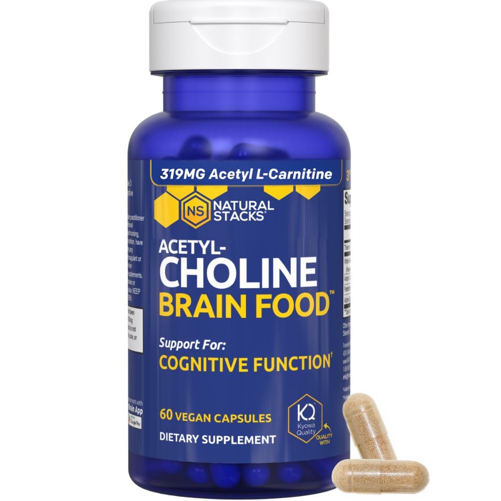 Natural Stacks Acetylcholine Brain Food bottle highlighting alpha GPC and acetyl L-carnitine benefits