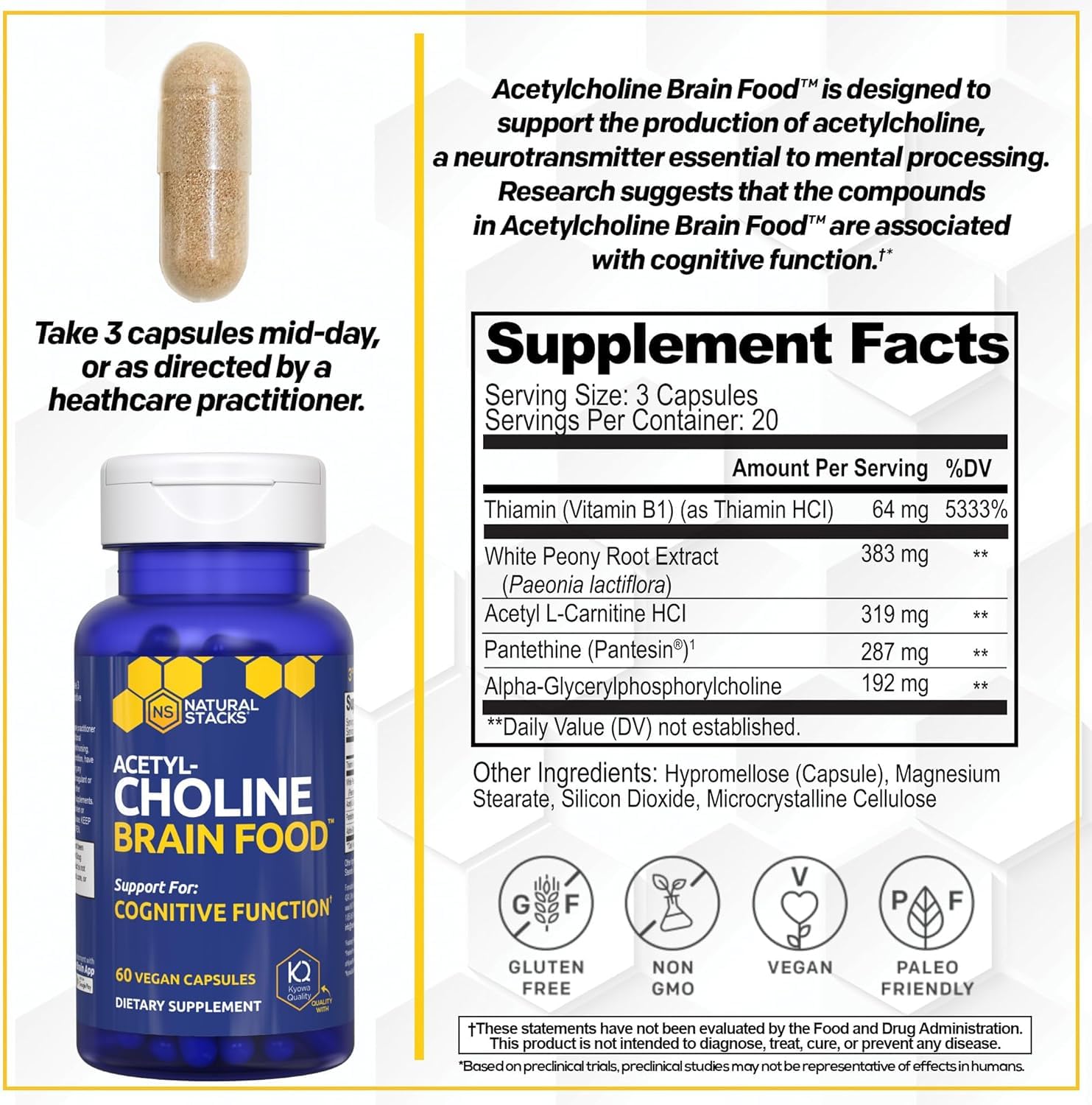 Natural Stacks Acetylcholine Brain Food label disclosure displaying transparent ingredients