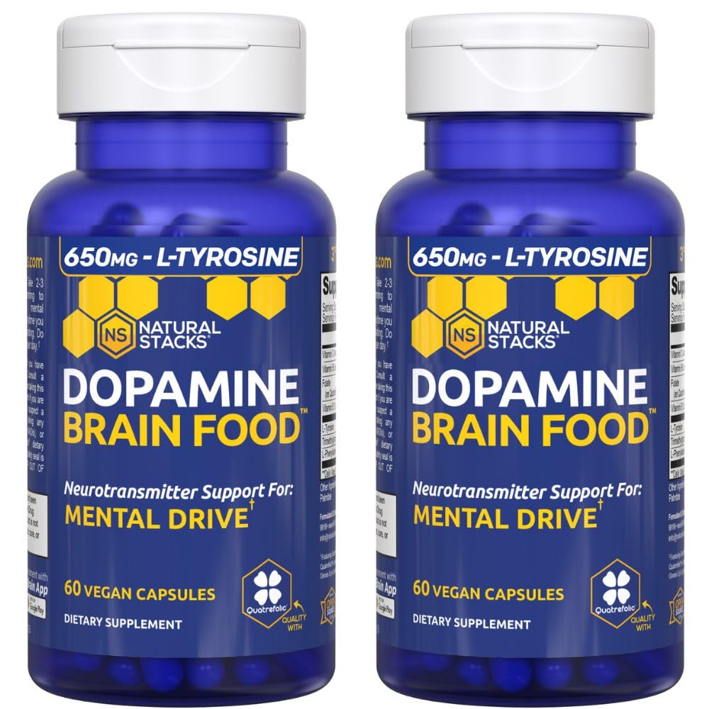 Natural Stacks Dopamine Brain Food bottle close-up showing 650mg L-Tyrosine for focus.