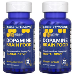 Natural Stacks Dopamine Brain Food bottle close-up showing 650mg L-Tyrosine for focus.