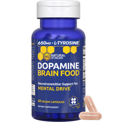 NATURAL STACKS Dopamine Brain Food bottle on desk supports focus during work