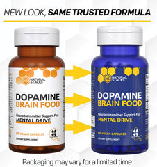 NATURAL STACKS Dopamine Tyrosine capsules near bottle promote clear thinking