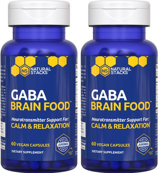 NATURAL STACKS GABA Brain Food bottle cap close-up signaling nighttime calm support