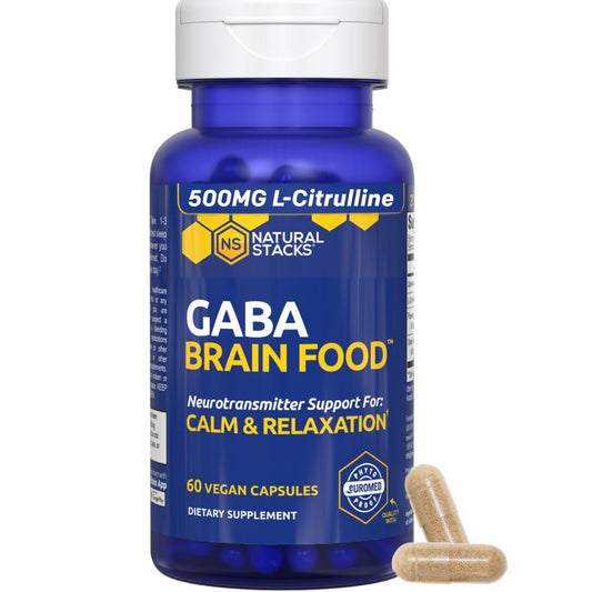Natural Stacks GABA Brain Food bottle with capsules for calm evenings.
