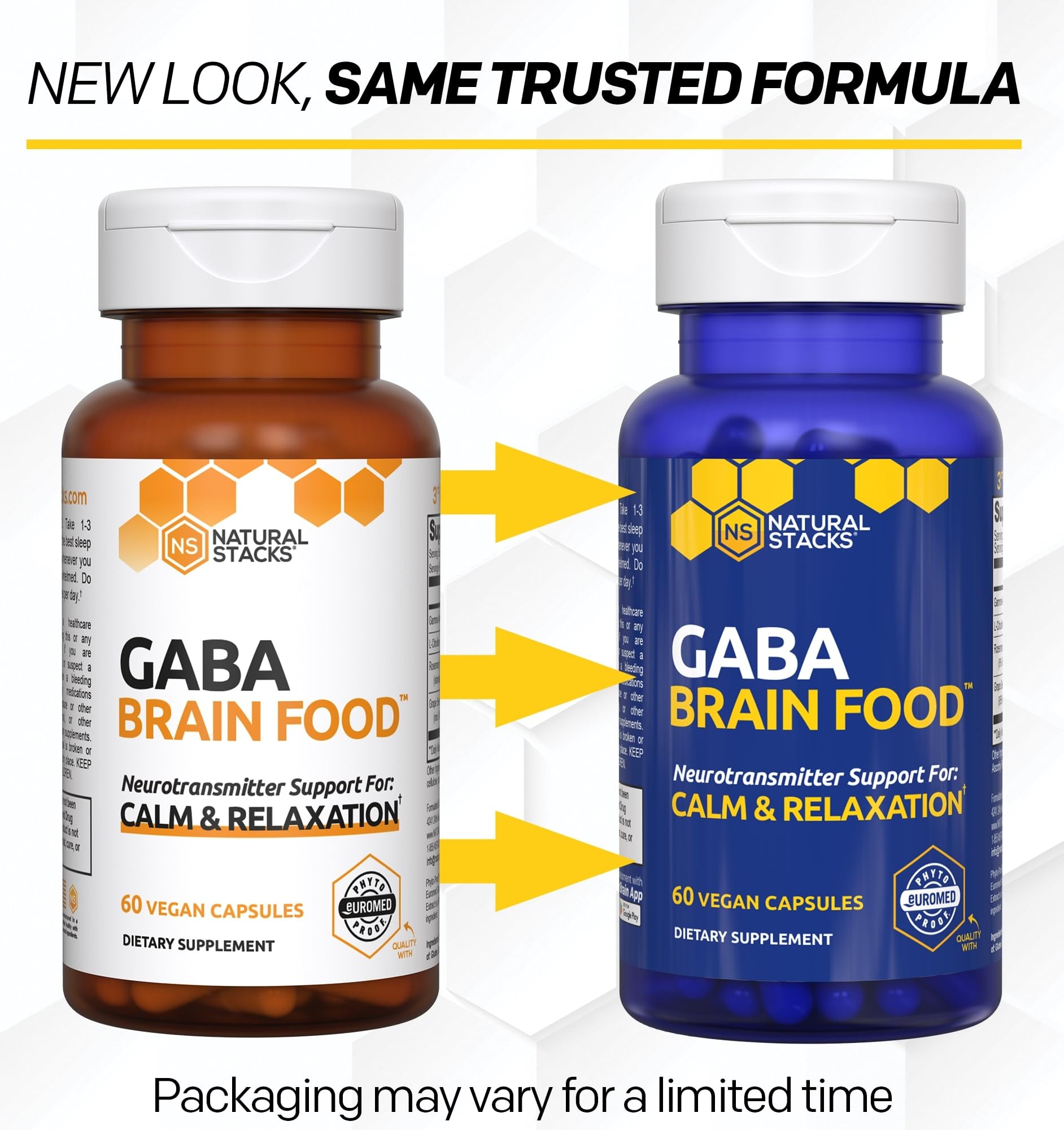 NATURAL STACKS GABA Brain Food label front highlighting key ingredients and quality