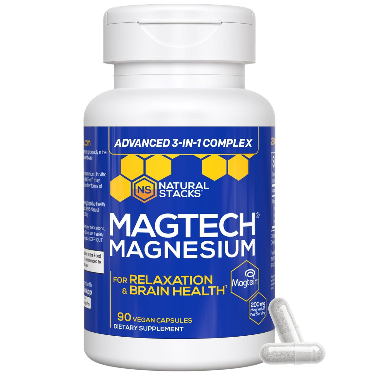 Natural Stacks MagTech bottle front for brain health support.