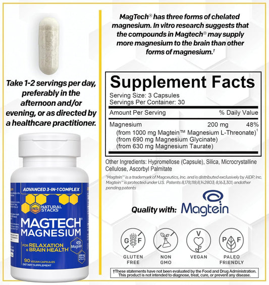 Close-up of MagTech capsules highlighting the triple magnesium blend.